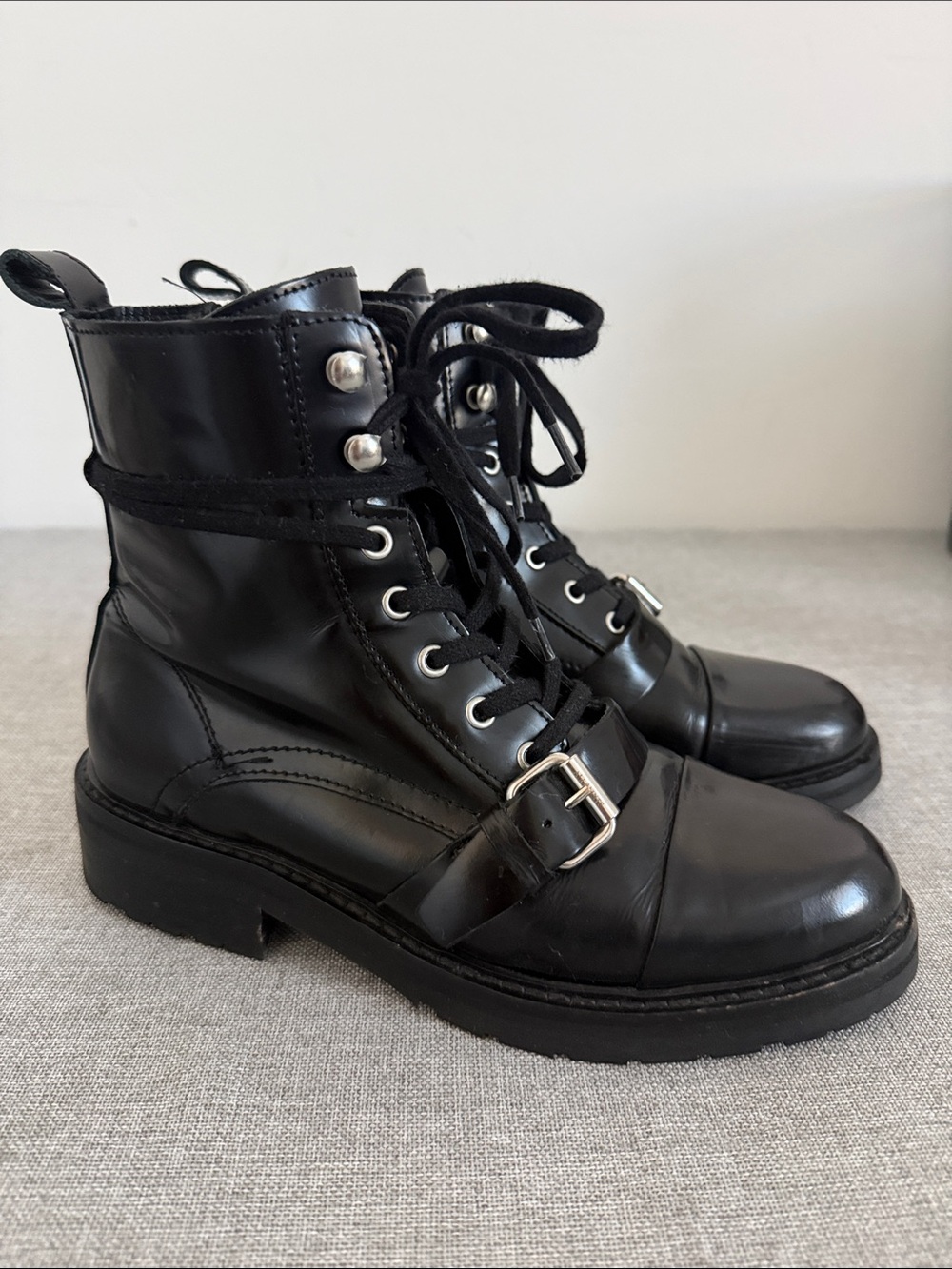 AllSaints Donita Black Leather Combat Boots size 38